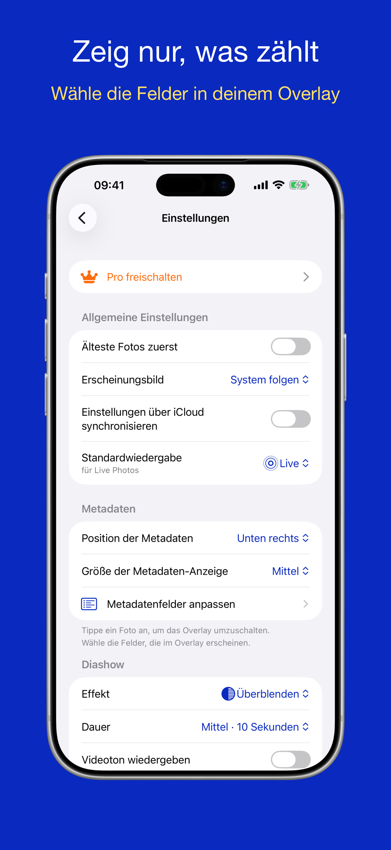 PhotoView-Einstellungen mit Erscheinungsbild, Diashow und Synchronisierung